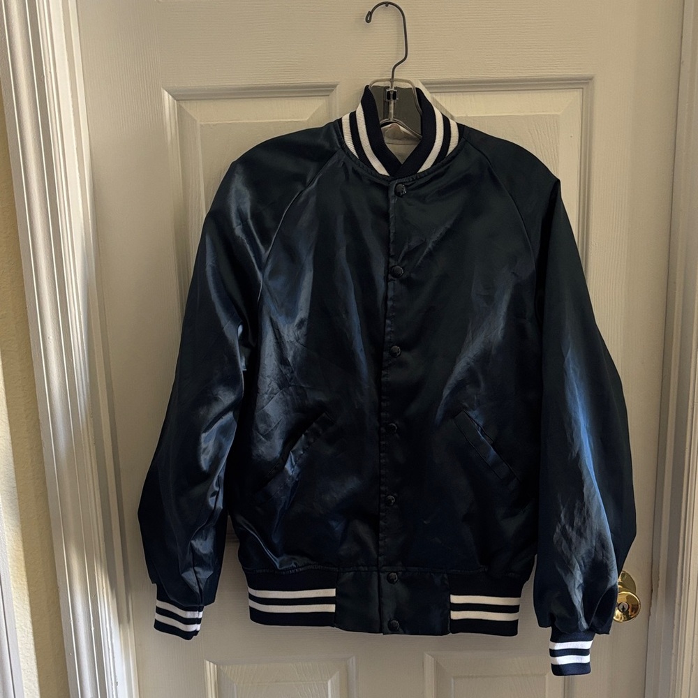 Men's Black TENNESSEE Satin Bomber Jacket with Striped Trim size M/L